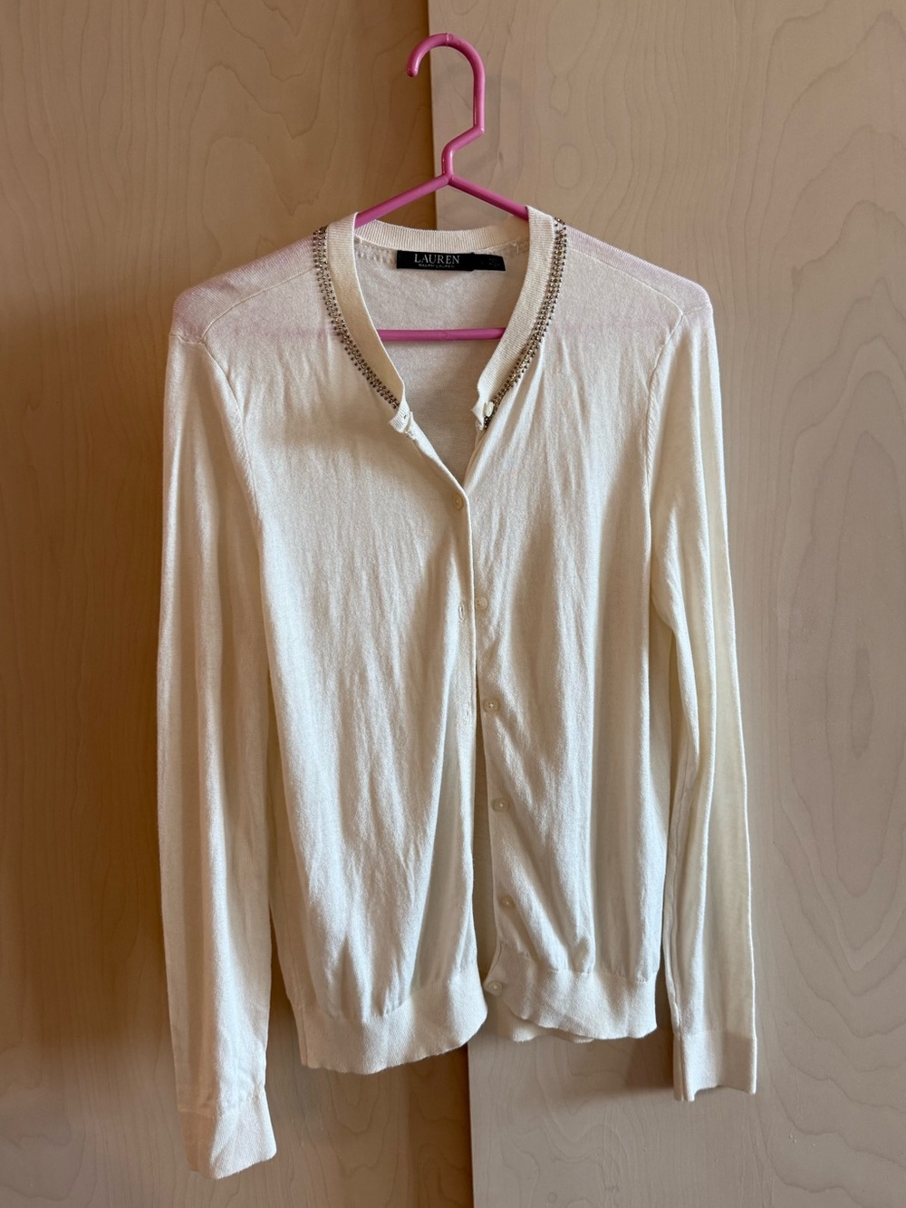 Ralph Lauren Cream Women's Button-Up Cardigan with Embellished Collar